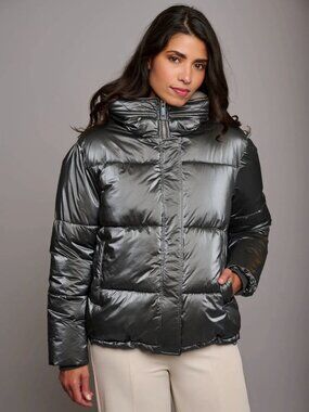Rino & Pelle Jacee Coat Metallic Hooded Puffer Teddy Lining Storm Cuffs Size 36